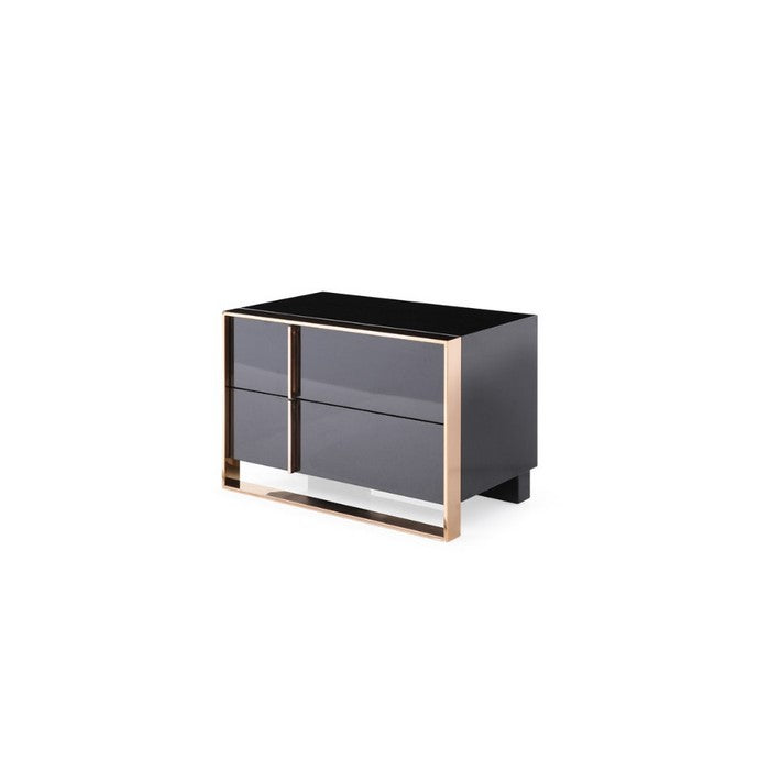 Wood and Metal Nightstand with Two Spacious Drawers, Black and Rose Gold