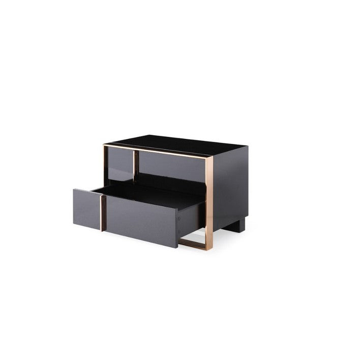 Wood and Metal Nightstand with Two Spacious Drawers, Black and Rose Gold
