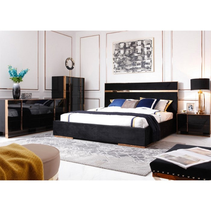 Wood and Metal Nightstand with Two Spacious Drawers, Black and Rose Gold