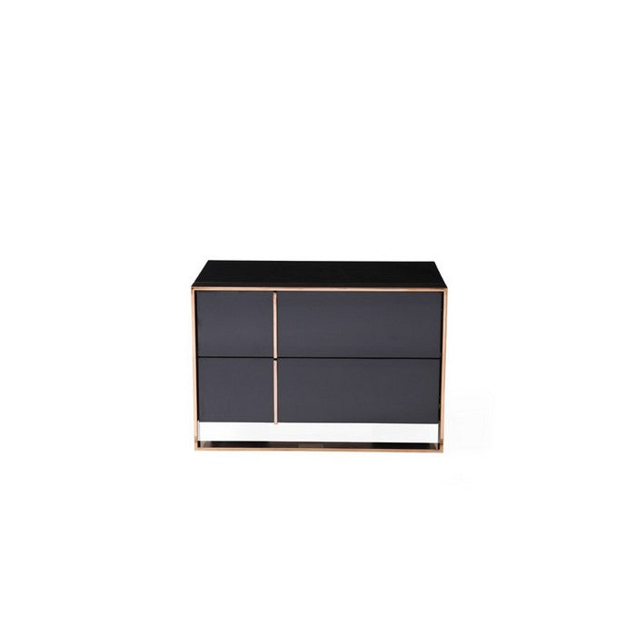 Wood and Metal Nightstand with Two Spacious Drawers, Black and Rose Gold