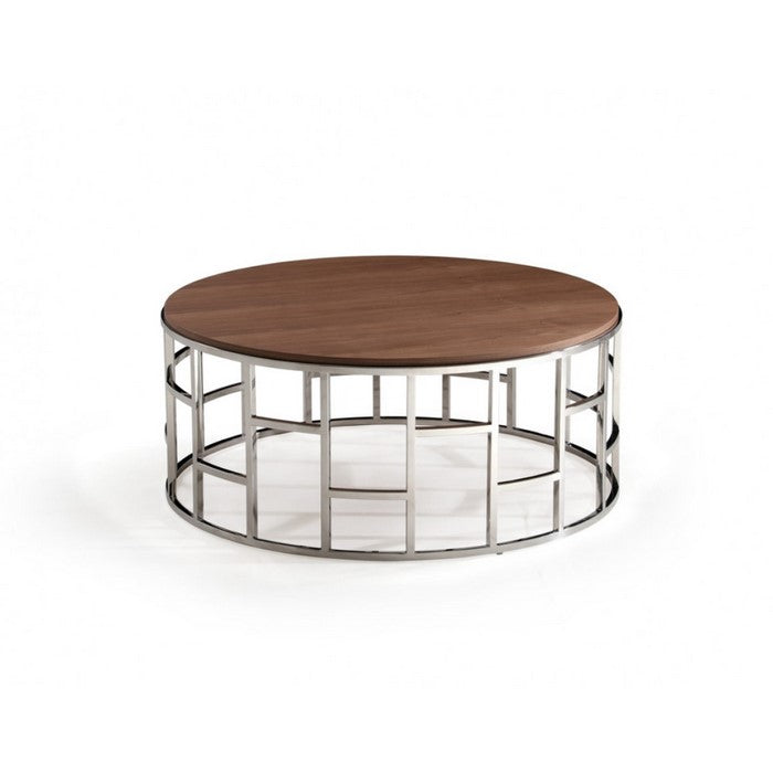 Wood and Metal  Coffee Table with Geometric Design Base, Silver and Brown