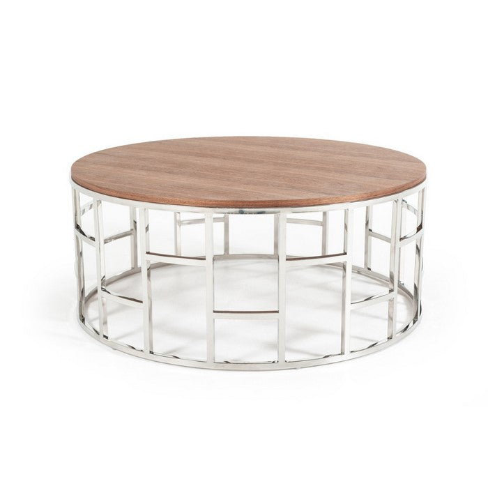 Wood and Metal  Coffee Table with Geometric Design Base, Silver and Brown