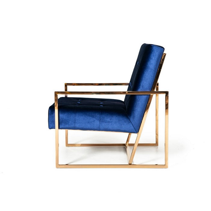 Metal and  Fabric Upholstered Accent chair with Button Tuft Details, Blue and Gold
