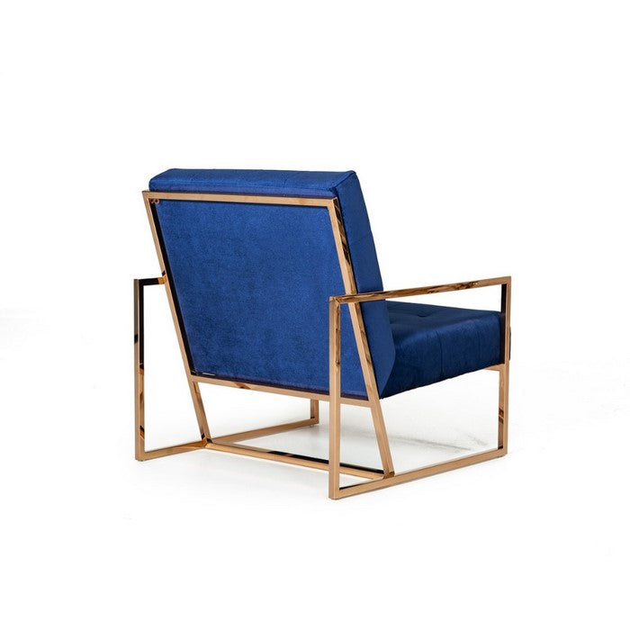 Metal and  Fabric Upholstered Accent chair with Button Tuft Details, Blue and Gold