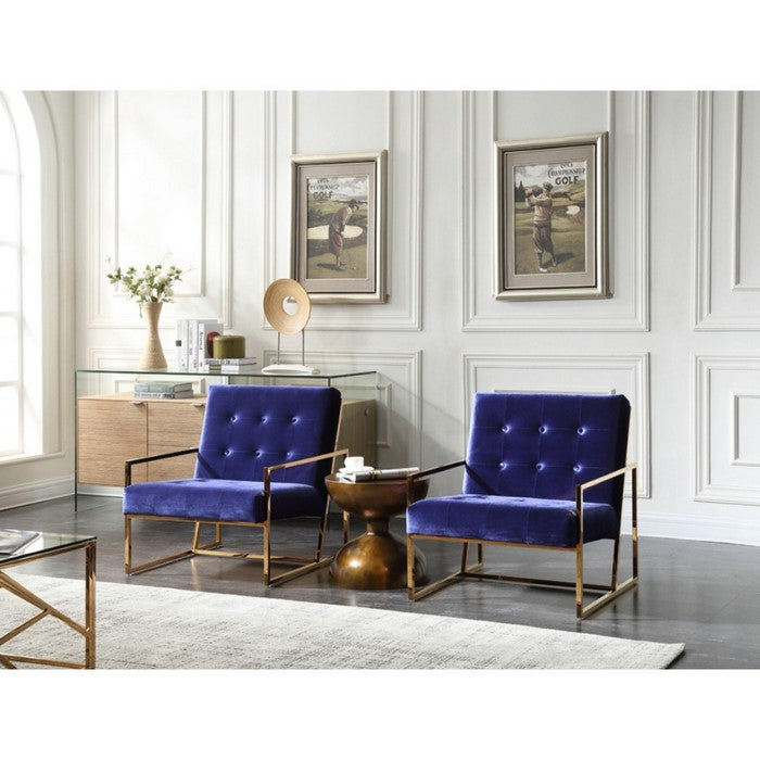 Metal and  Fabric Upholstered Accent chair with Button Tuft Details, Blue and Gold