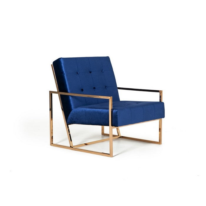 Metal and  Fabric Upholstered Accent chair with Button Tuft Details, Blue and Gold