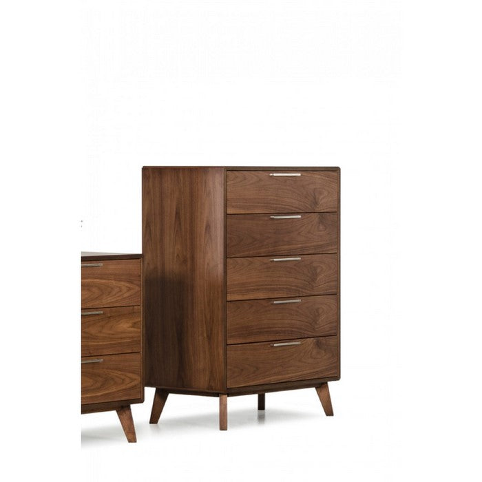 Transitional Style Five Drawers Wooden Chest with Stainless Steel Handles, Brown