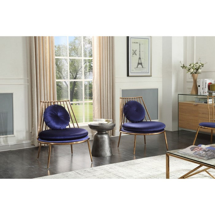 Metal and  Fabric Upholstered Accent chair with Slatted Back Design, Blue and Gold