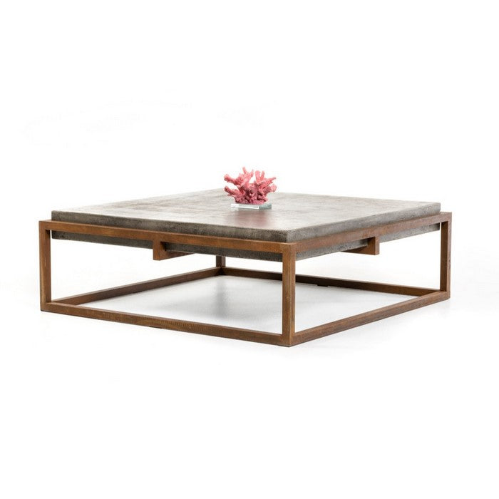 Square Shape Rustic Steel Framed Coffee Table with Concrete Top , Brown and Gray