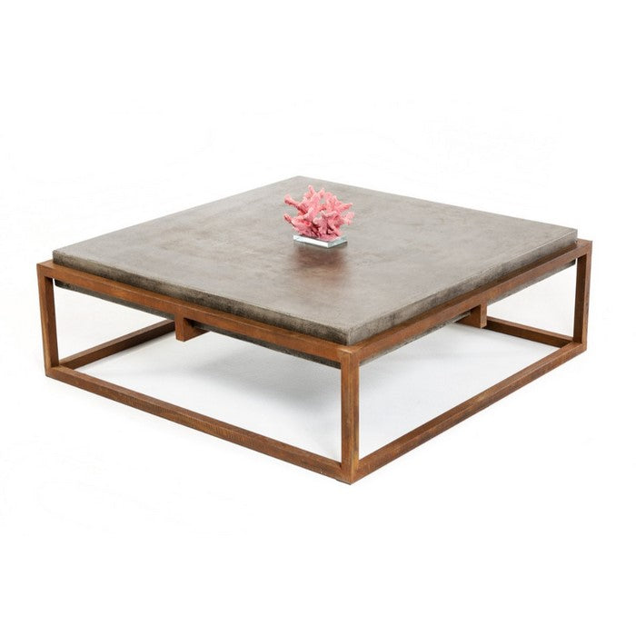 Square Shape Rustic Steel Framed Coffee Table with Concrete Top , Brown and Gray