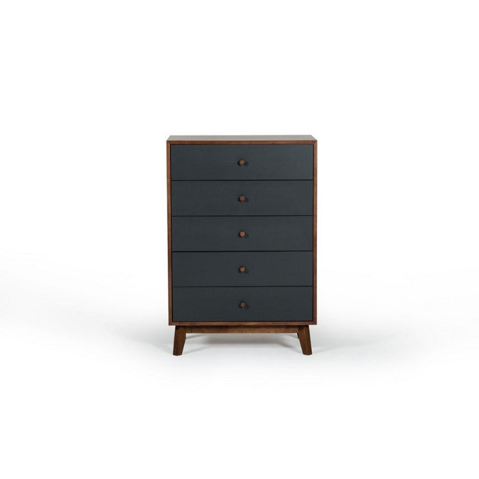 Spacious Five Drawers Wooden Chest with Flared Legs, Brown and Gray