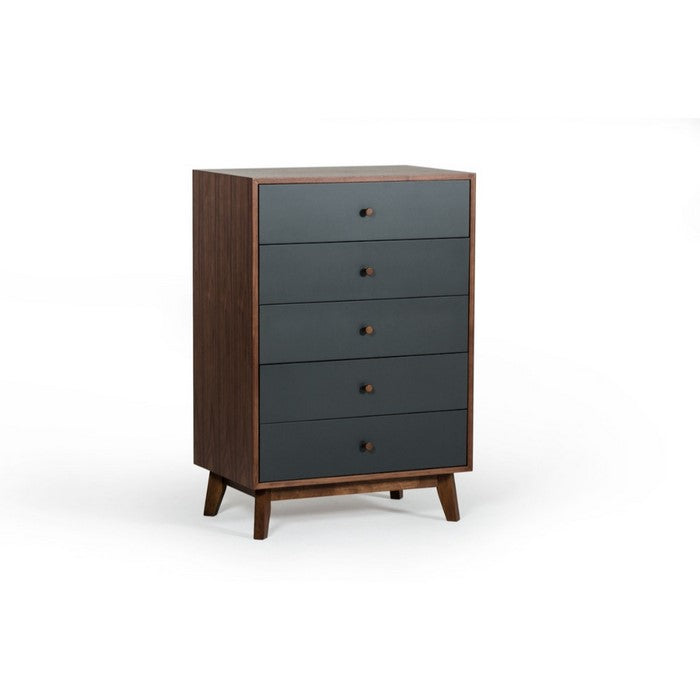 Spacious Five Drawers Wooden Chest with Flared Legs, Brown and Gray
