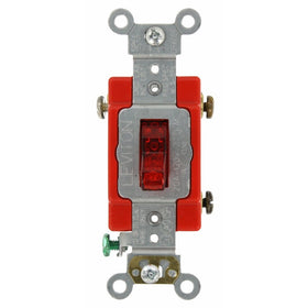 Leviton 1221-PLR 20-Amp, 120 Volt, Toggle Pilot Light, Illuminated On, Req, Neutral Single-Pole AC Quiet Switch, Extra Heavy Duty Grade, Self Grounding, Red
