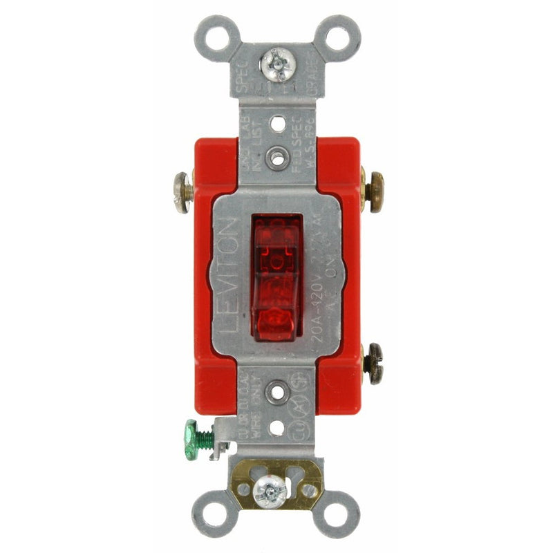 Leviton 1221-PLR 20-Amp, 120 Volt, Toggle Pilot Light, Illuminated On, Req, Neutral Single-Pole AC Quiet Switch, Extra Heavy Duty Grade, Self Grounding, Red