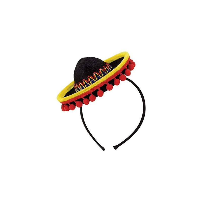 Cinco De Mayo Fiesta Party Black Spanish Hat With Red Ball Fringe Headband Accessories, Plastic, 8" x 6"