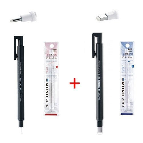Tombow MONO Zero Pen-Style Eraser Refill Round Tip  Square Tip  4 Refills (Black Barrel)