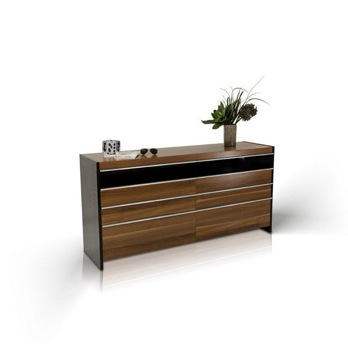 Wooden Double Dresser with Eight Drawers, Brown and Black