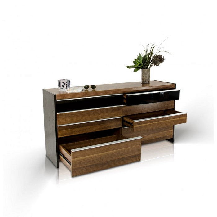 Wooden Double Dresser with Eight Drawers, Brown and Black