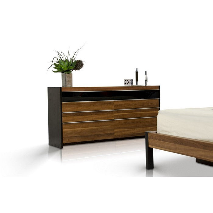 Wooden Double Dresser with Eight Drawers, Brown and Black