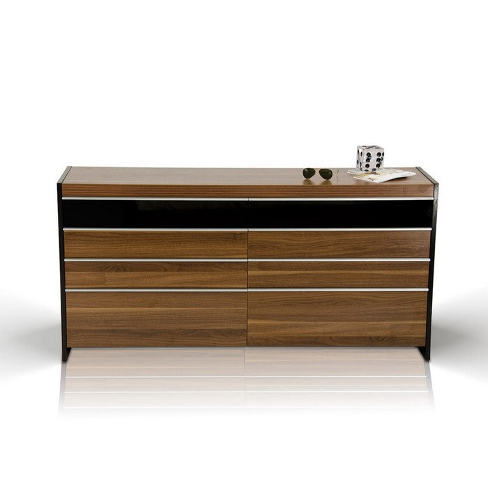 Wooden Double Dresser with Eight Drawers, Brown and Black
