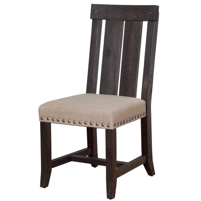 Wooden Chair with Fabric Upholstered Seat and Slat Style Back, Set of 2, Black and Beige