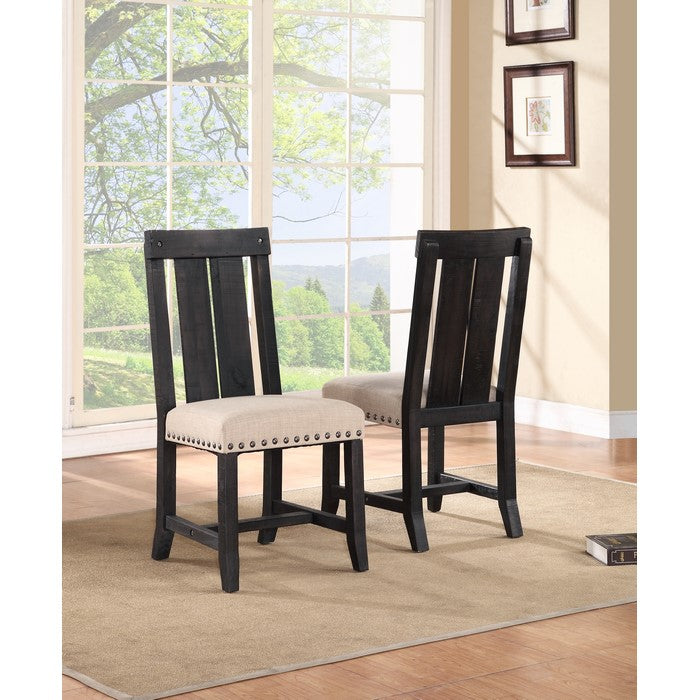 Wooden Chair with Fabric Upholstered Seat and Slat Style Back, Set of 2, Black and Beige