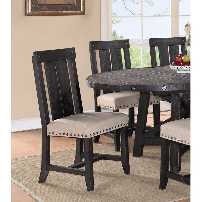 Wooden Chair with Fabric Upholstered Seat and Slat Style Back, Set of 2, Black and Beige