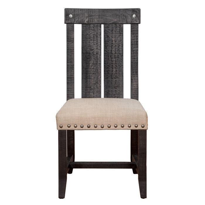 Wooden Chair with Fabric Upholstered Seat and Slat Style Back, Set of 2, Black and Beige