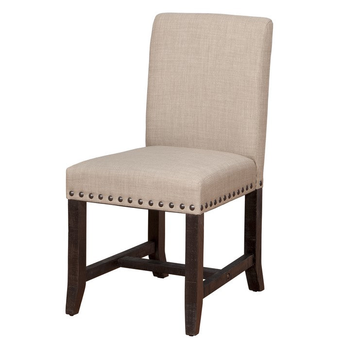 Fabric Upholstered Wooden Side Chair with Nail Head Trim Accents, Set of 2, Beige and Black