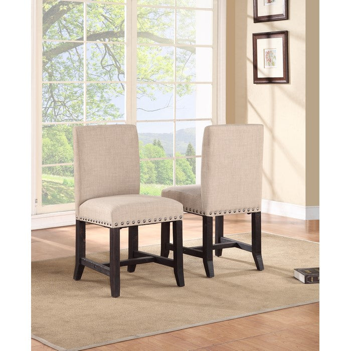 Fabric Upholstered Wooden Side Chair with Nail Head Trim Accents, Set of 2, Beige and Black
