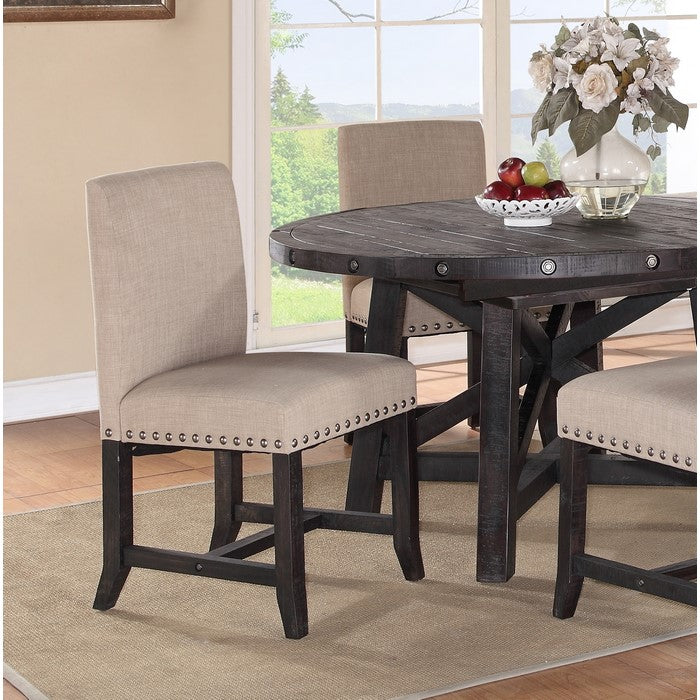 Fabric Upholstered Wooden Side Chair with Nail Head Trim Accents, Set of 2, Beige and Black