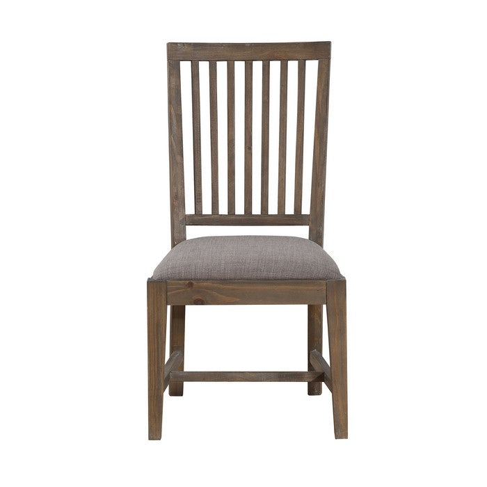 Wooden Chair with Fabric Upholstered Seat and Slat Style Back, Set of 2, Oak Brown and Gray