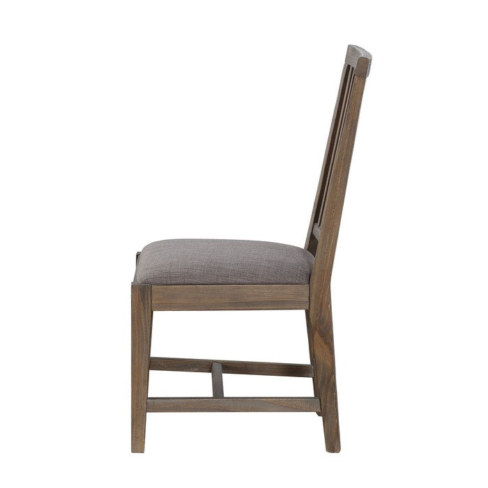 Wooden Chair with Fabric Upholstered Seat and Slat Style Back, Set of 2, Oak Brown and Gray