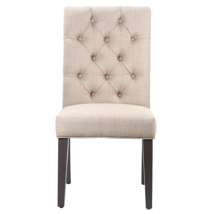 Fabric Upholstered Wooden Chair with Button Tufting, Set of 2, Beige and Black