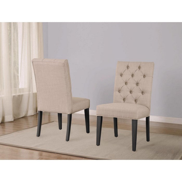 Fabric Upholstered Wooden Chair with Button Tufting, Set of 2, Beige and Black