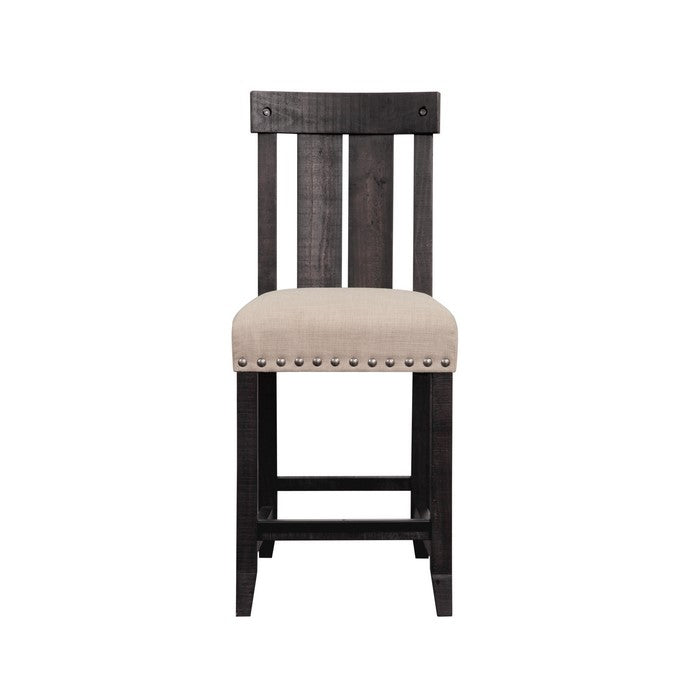 Wooden Counter Height Stool with Fabric Upholstered Seat and Slat Style Back,Set of 2, Black & Beige