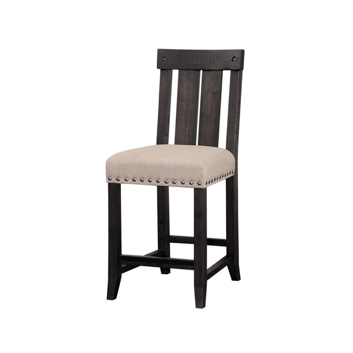 Wooden Counter Height Stool with Fabric Upholstered Seat and Slat Style Back,Set of 2, Black & Beige