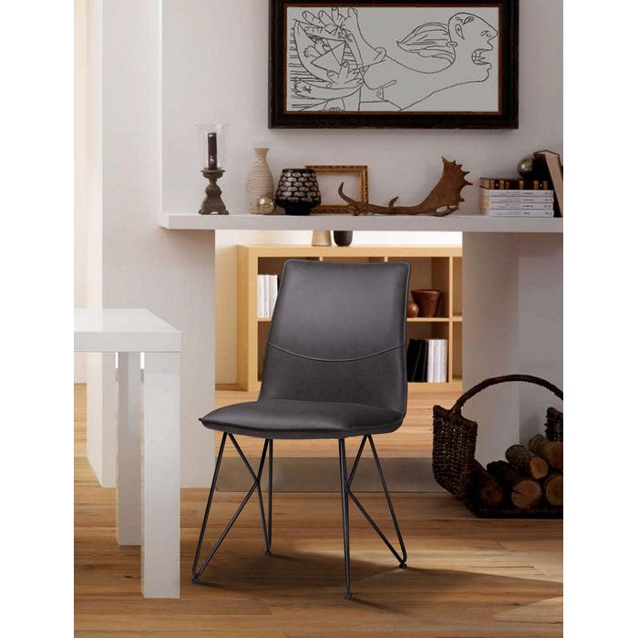 Leather Upholstered Metal Chair with Angle Hairpin Style Legs, Black and Gray
