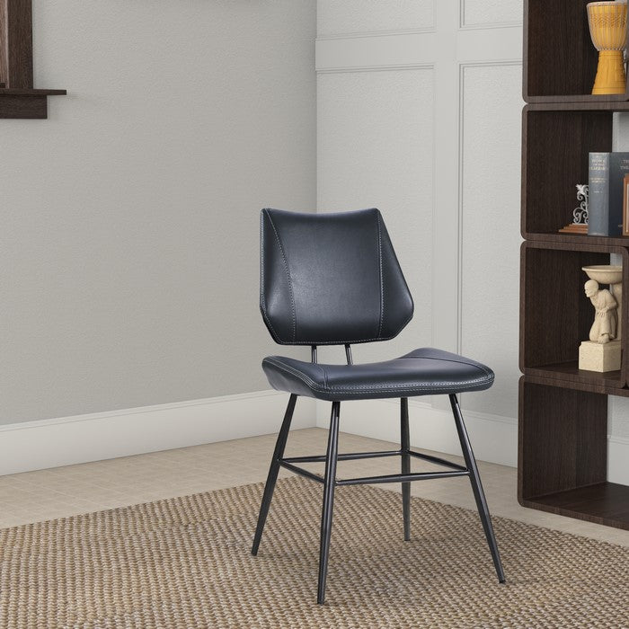 Leather Upholstered Metal Chair with Stitch Details, Set of 2, Black