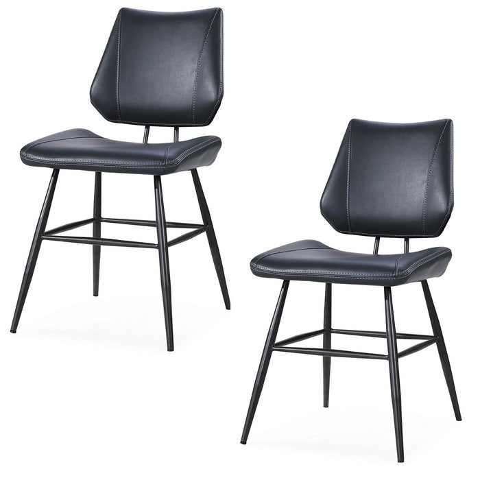Leather Upholstered Metal Chair with Stitch Details, Set of 2, Black