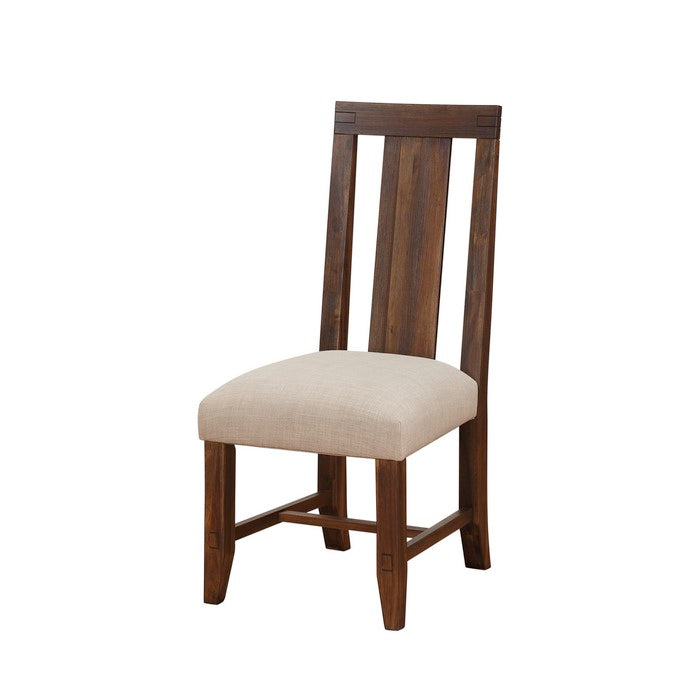 Fabric Upholstered Wooden Chair with Exposed Joints, Set of 2, Brick Brown and Beige