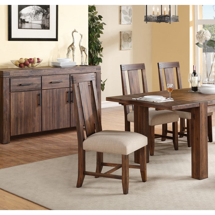 Fabric Upholstered Wooden Chair with Exposed Joints, Set of 2, Brick Brown and Beige