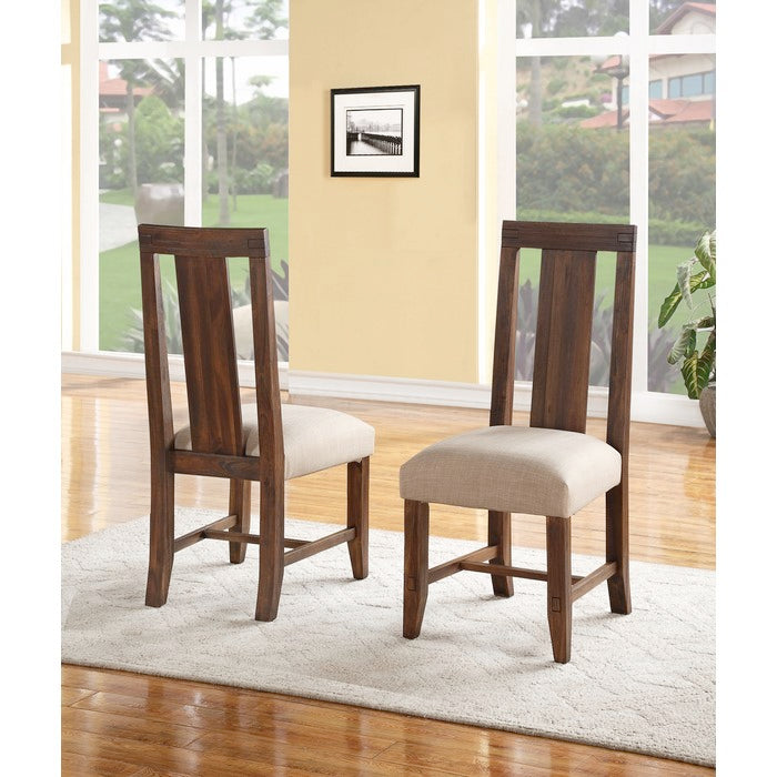 Fabric Upholstered Wooden Chair with Exposed Joints, Set of 2, Brick Brown and Beige