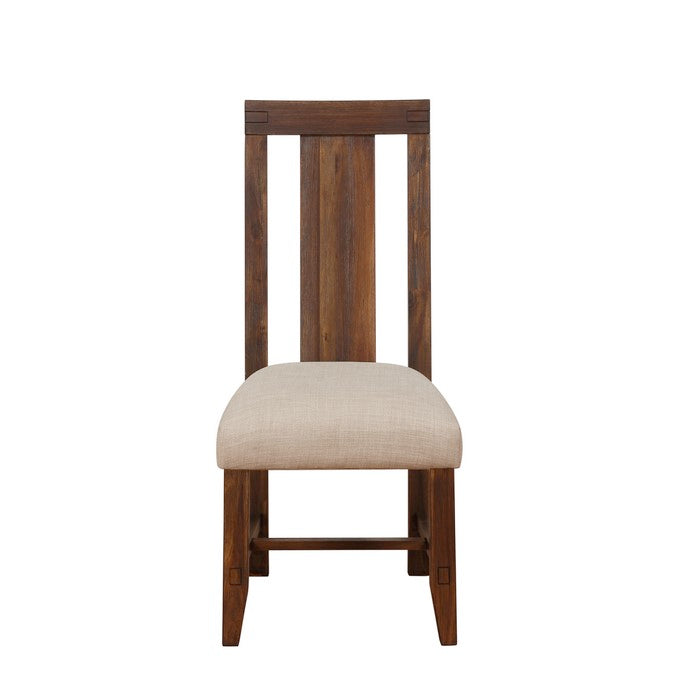 Fabric Upholstered Wooden Chair with Exposed Joints, Set of 2, Brick Brown and Beige
