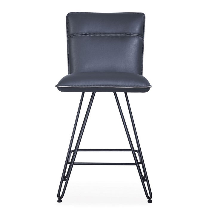 Metal Leather Upholstered Counter Height Stool with Hairpin Style Legs, Blue and Black