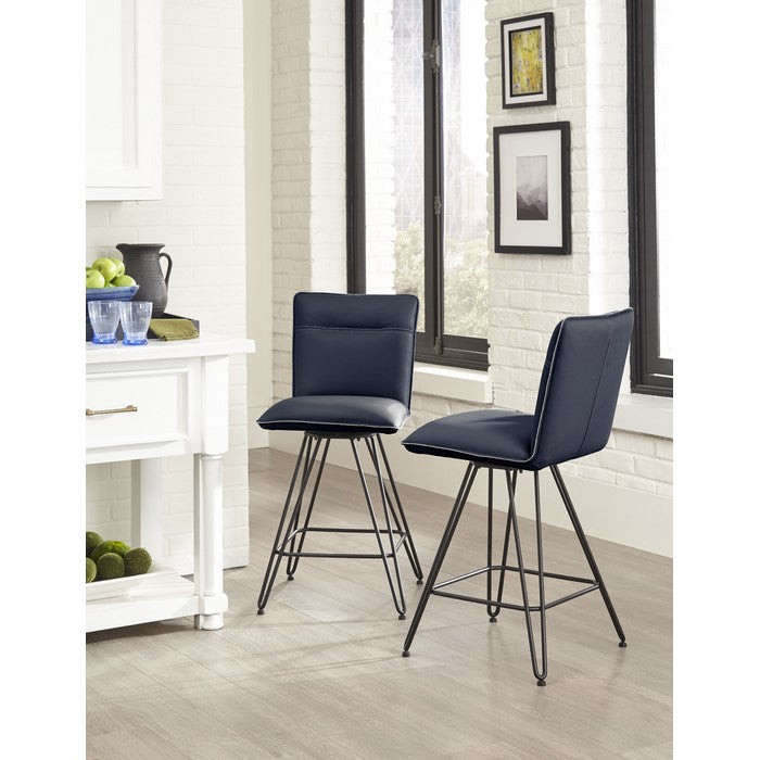 Metal Leather Upholstered Counter Height Stool with Hairpin Style Legs, Blue and Black