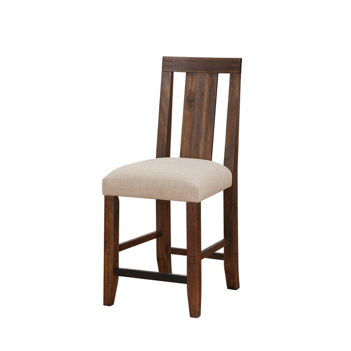 Fabric Upholstered Wooden Counter Height Stool with Exposed Joints, Set of 2,  Brown and Beige