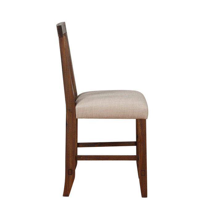 Fabric Upholstered Wooden Counter Height Stool with Exposed Joints, Set of 2,  Brown and Beige