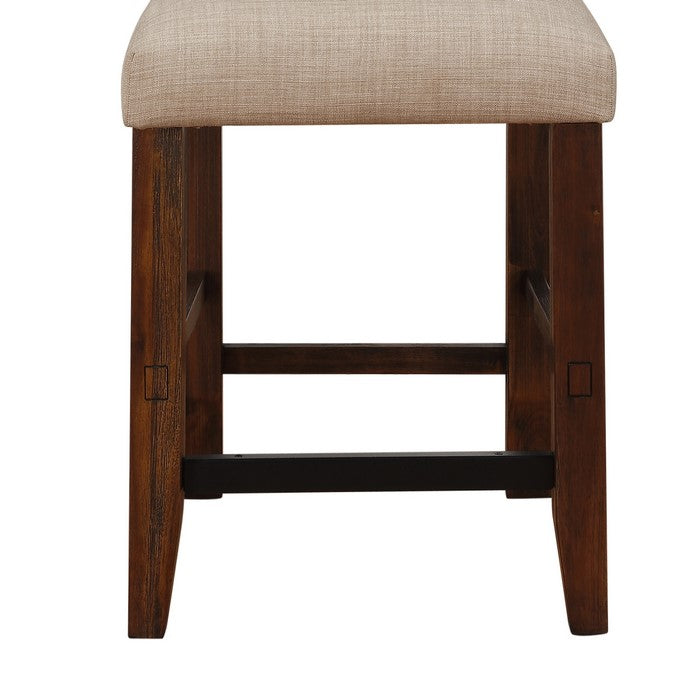 Fabric Upholstered Wooden Counter Height Stool with Exposed Joints, Set of 2,  Brown and Beige
