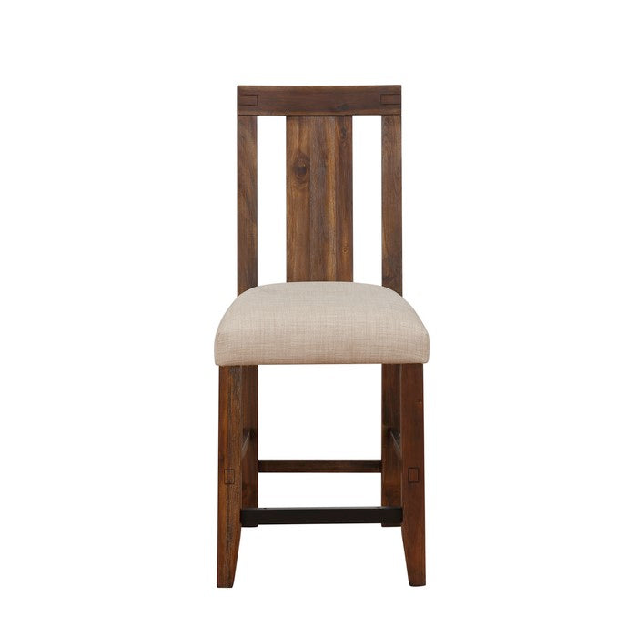 Fabric Upholstered Wooden Counter Height Stool with Exposed Joints, Set of 2,  Brown and Beige